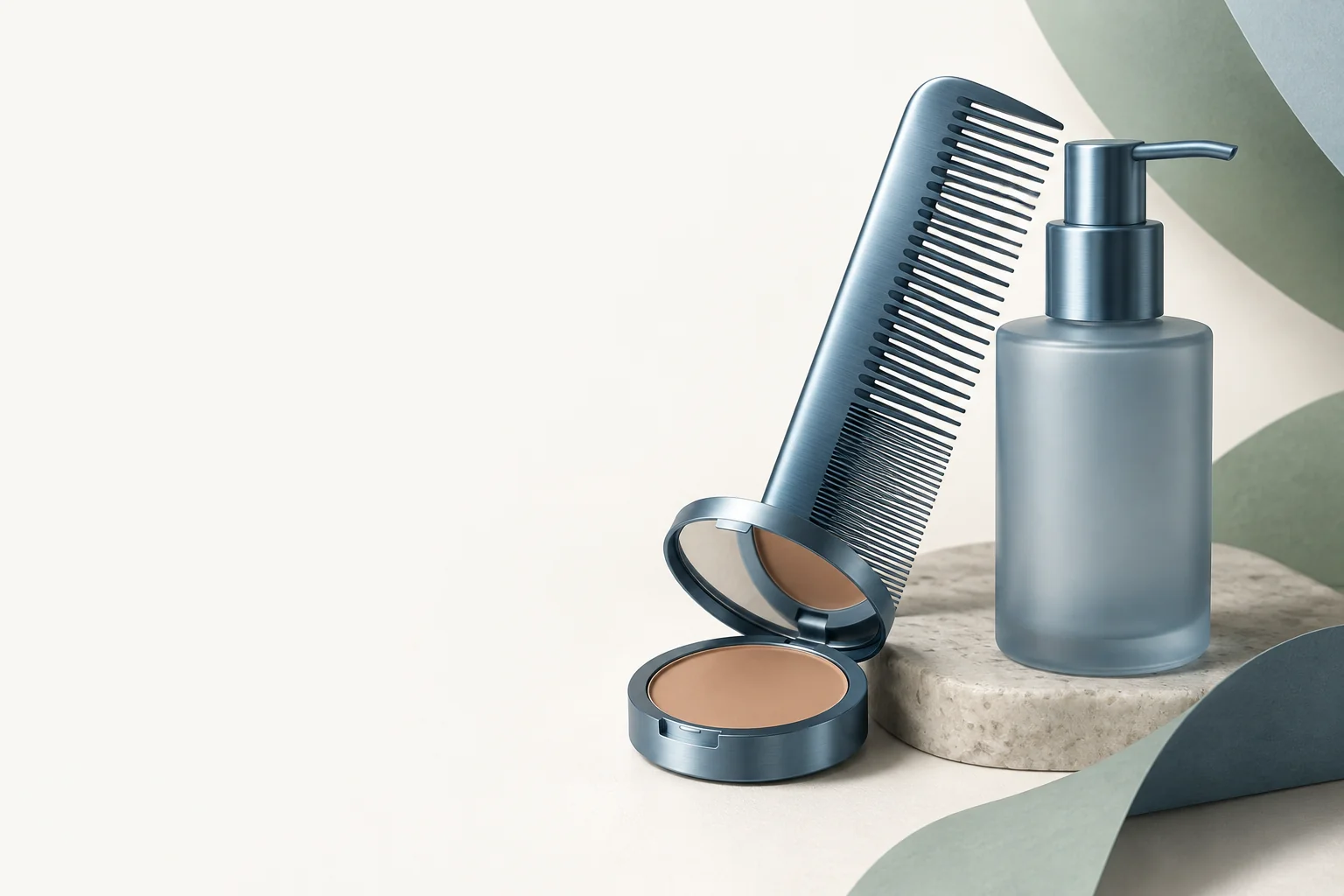 Date preparation: a grooming comb, skincare pump and makeup compact.