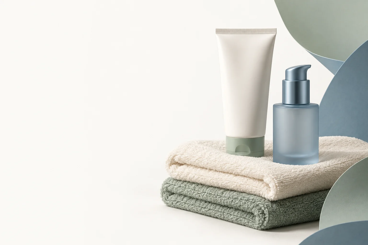 Everyday skincare and neatly folded fresh towels.