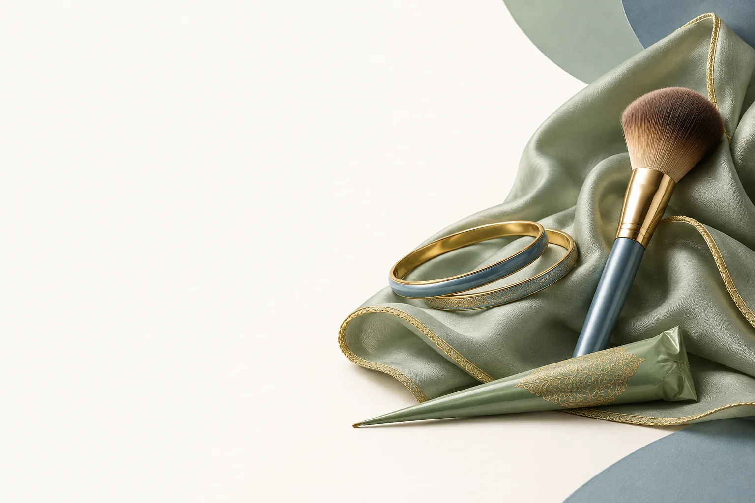 Festive draping, bangles, a makeup brush and a mehendi cone.