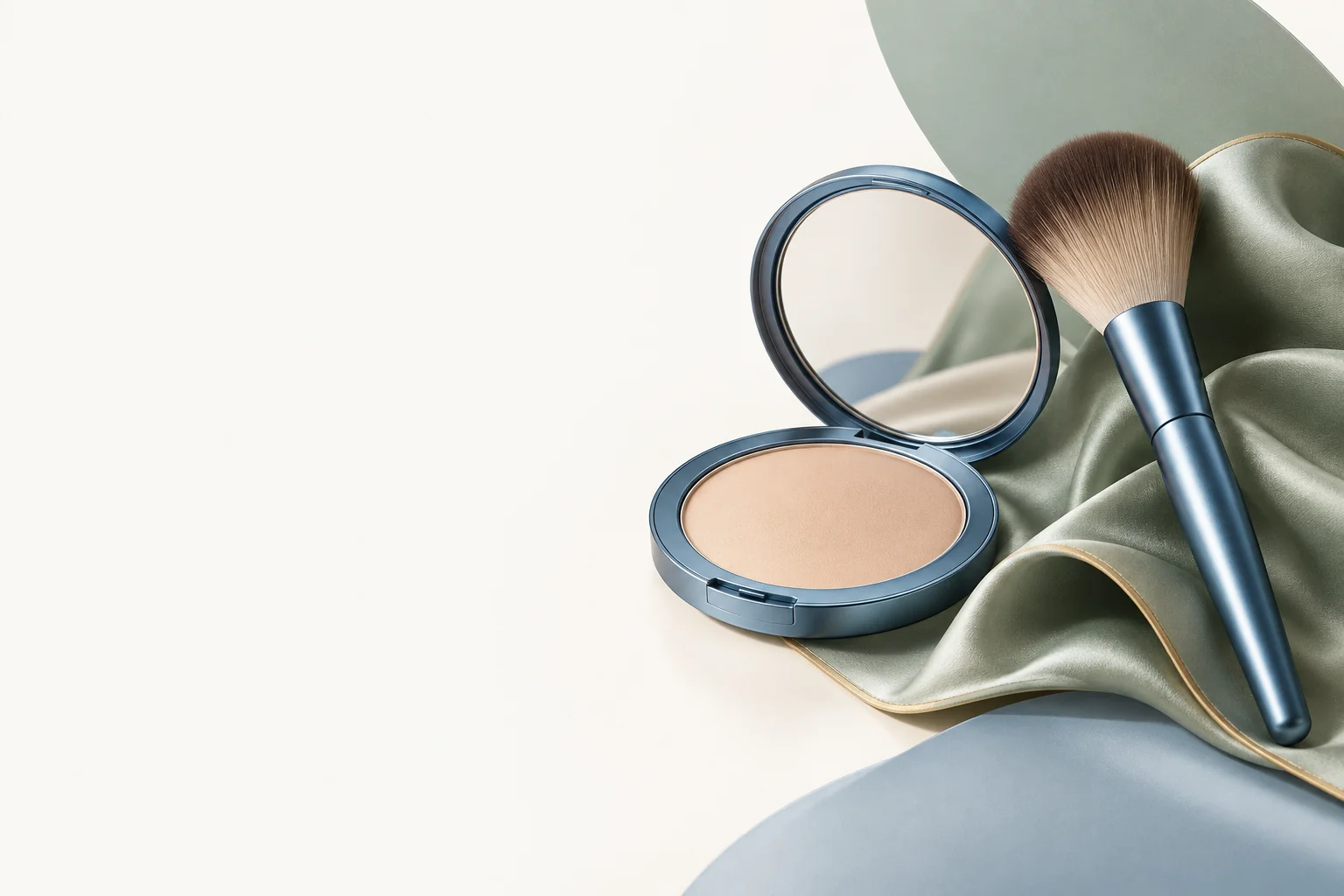 Wedding beauty: a blue makeup compact, professional brush and sage leaves.
